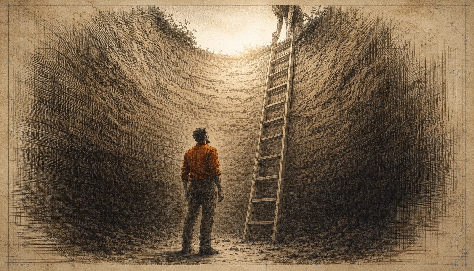 A lone figure in a burnt-orange shirt at the bottom of a deep pit, looking up at a ladder lowered from the light above.