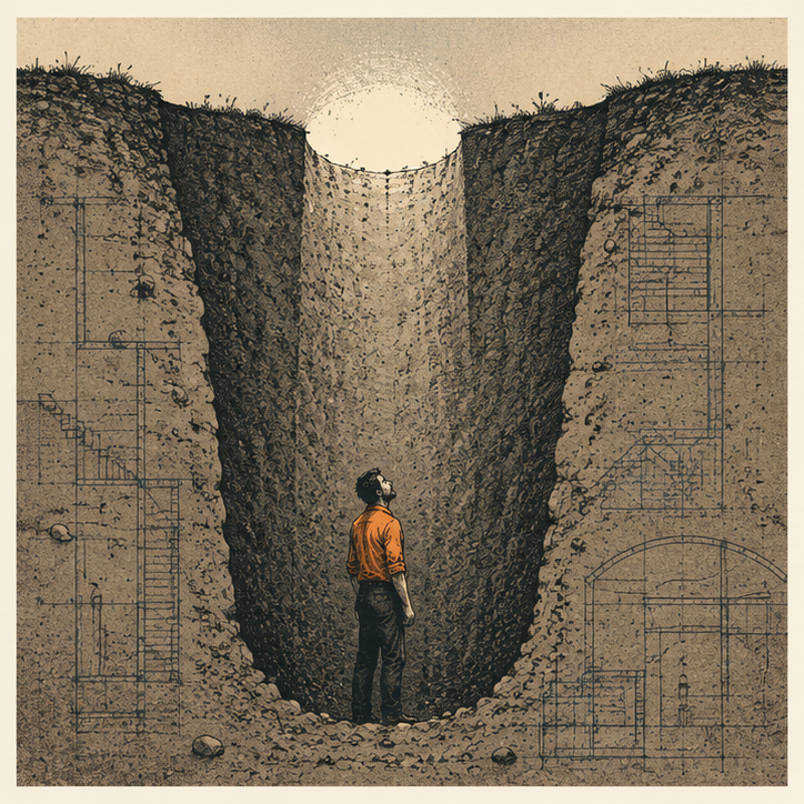 Act one: Disruption. A figure at the bottom of a pit, sensing something is wrong but unable to name it.